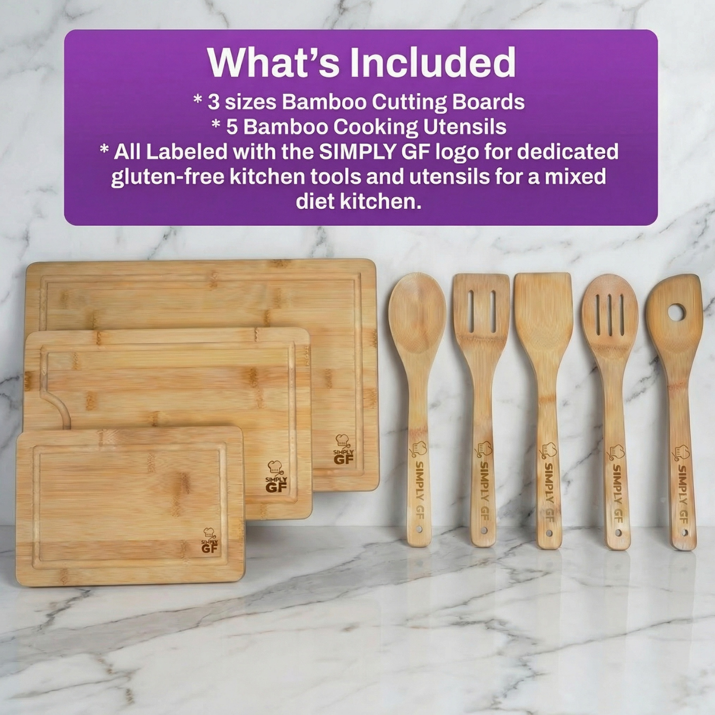 8-Piece Bamboo Cutting Board & Utensil Set – Simply GF Dedicated Gluten-Free Kitchen Tools for Safe Food Prep