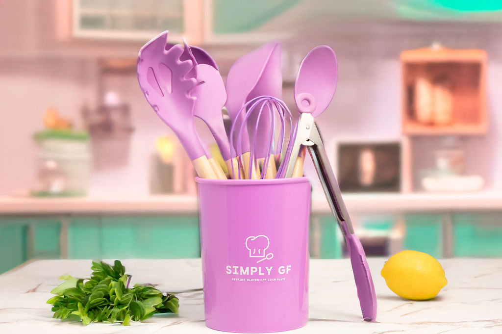 Simply GF 9-Piece Silicone &amp; Bamboo Utensil Set with Canister Purple