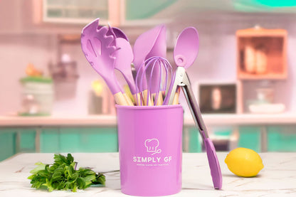 Simply GF 9-Piece Silicone &amp; Bamboo Utensil Set with Canister Purple
