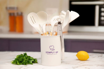 Simply GF 9-Piece Silicone &amp; Bamboo Utensil Set with Canister White