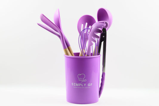 Simply GF 9-Piece Silicone &amp; Bamboo Utensil Set with Canister Purple