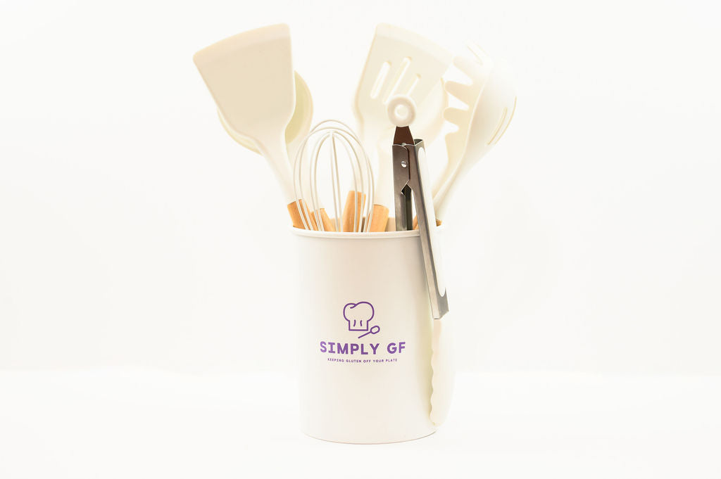 Simply GF 9-Piece Silicone &amp; Bamboo Utensil Set with Canister White