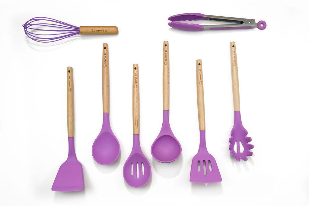 Simply GF 9-Piece Silicone &amp; Bamboo Utensil Set with Canister Purple