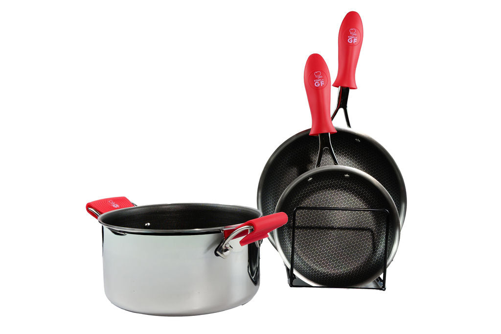 Red Simply GF Silicone Pot and Pan Handle Covers – 4-Piece Set for Safer, Smarter Cooking