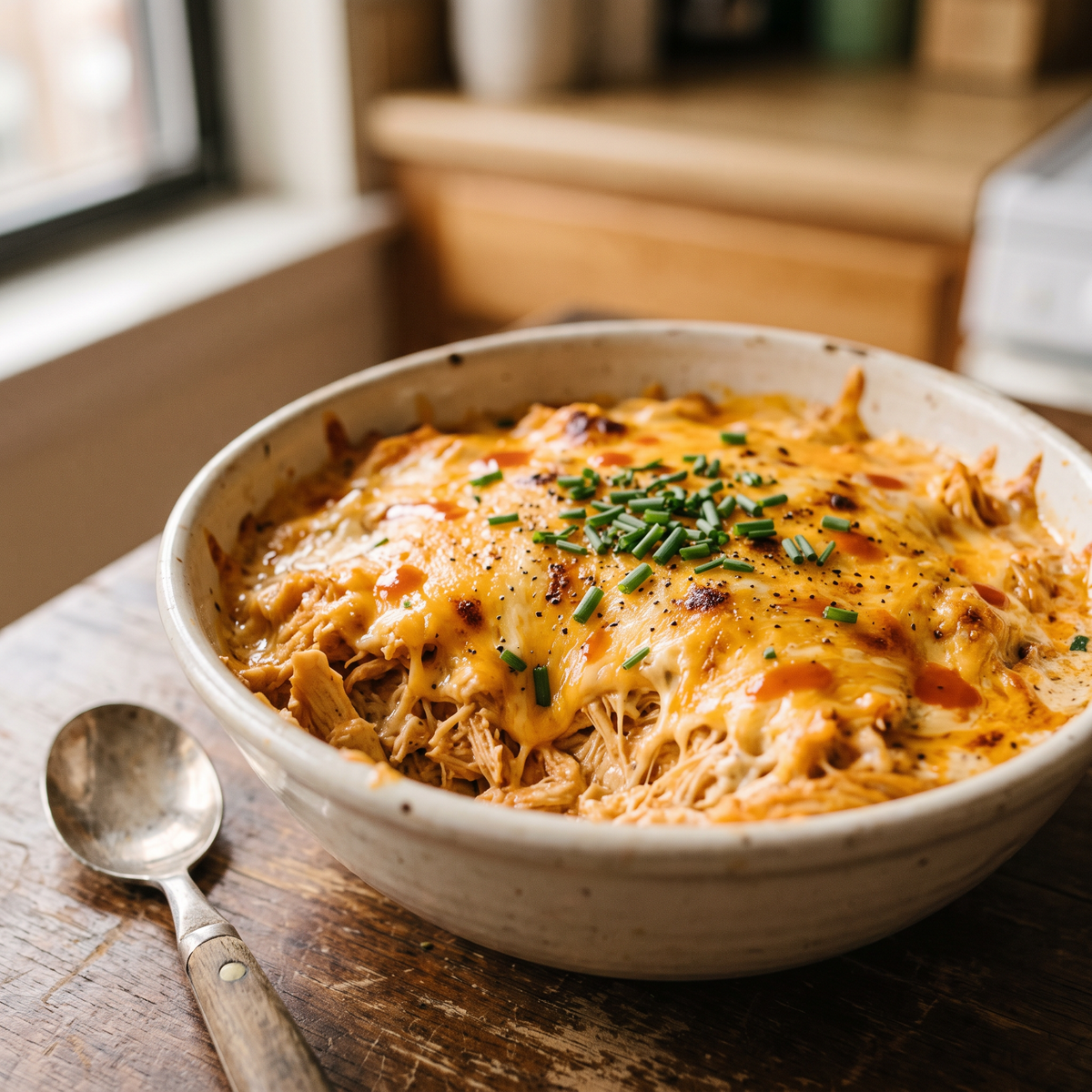 Gluten-free buffalo chicken and cheese bowl, one-bowl microwave meal